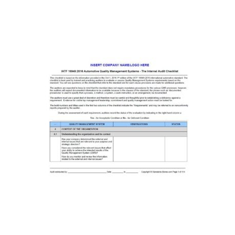 IATF 16949:2016 Internal Audit Tools: Checklist, Procedure and Forms